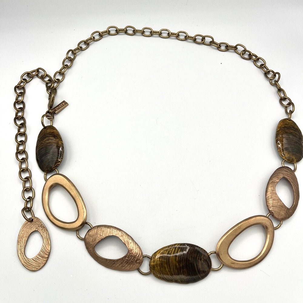 Chicos Gold Tone Chain Belt Faux Tiger Eye Resin Oval Links Size Large